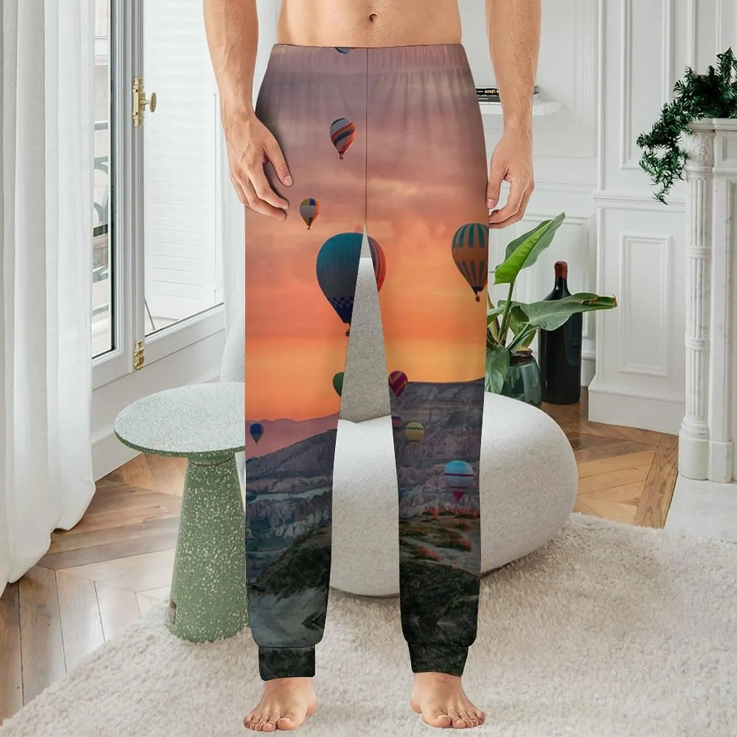 Hot Air Balloons Flying Tour over Mountains Men's Pajama Pants Lightweight Soft Long Lounge Pj Sleepwear with Pocket