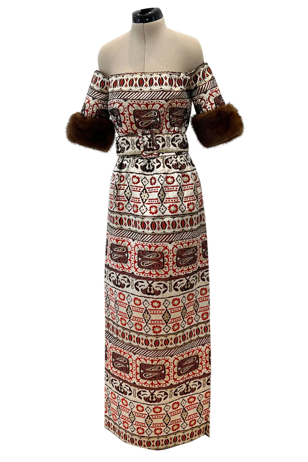 Iconic 1973 Oscar de la Renta Metallic Gold Silk Brocade Off Shoulder Dress W Fur Cuffs