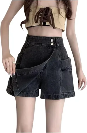 Jean Shorts Womens Trendy High Waisted Aline Button Denim Skort Skirt Casual Loose Fit Shorts with Pockets
