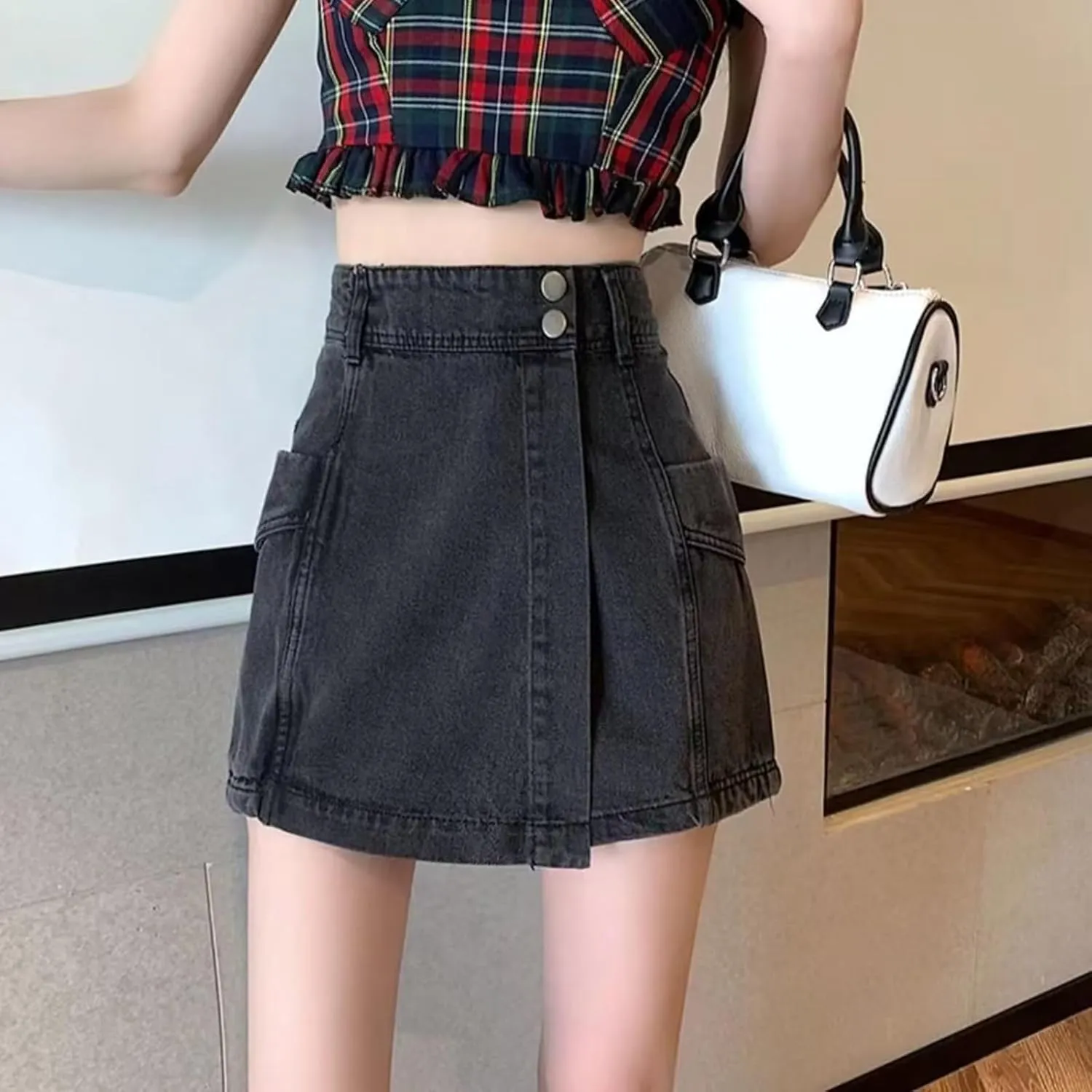 Jean Shorts Womens Trendy High Waisted Aline Button Denim Skort Skirt Casual Loose Fit Shorts with Pockets