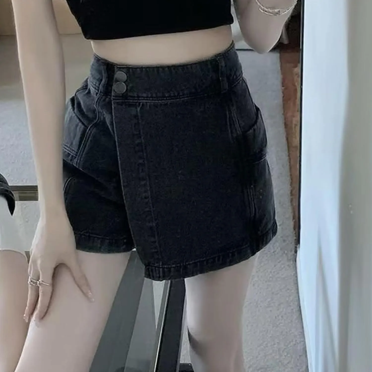 Jean Shorts Womens Trendy High Waisted Aline Button Denim Skort Skirt Casual Loose Fit Shorts with Pockets
