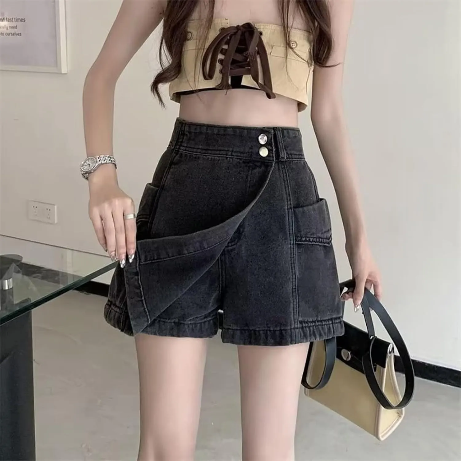 Jean Shorts Womens Trendy High Waisted Aline Button Denim Skort Skirt Casual Loose Fit Shorts with Pockets