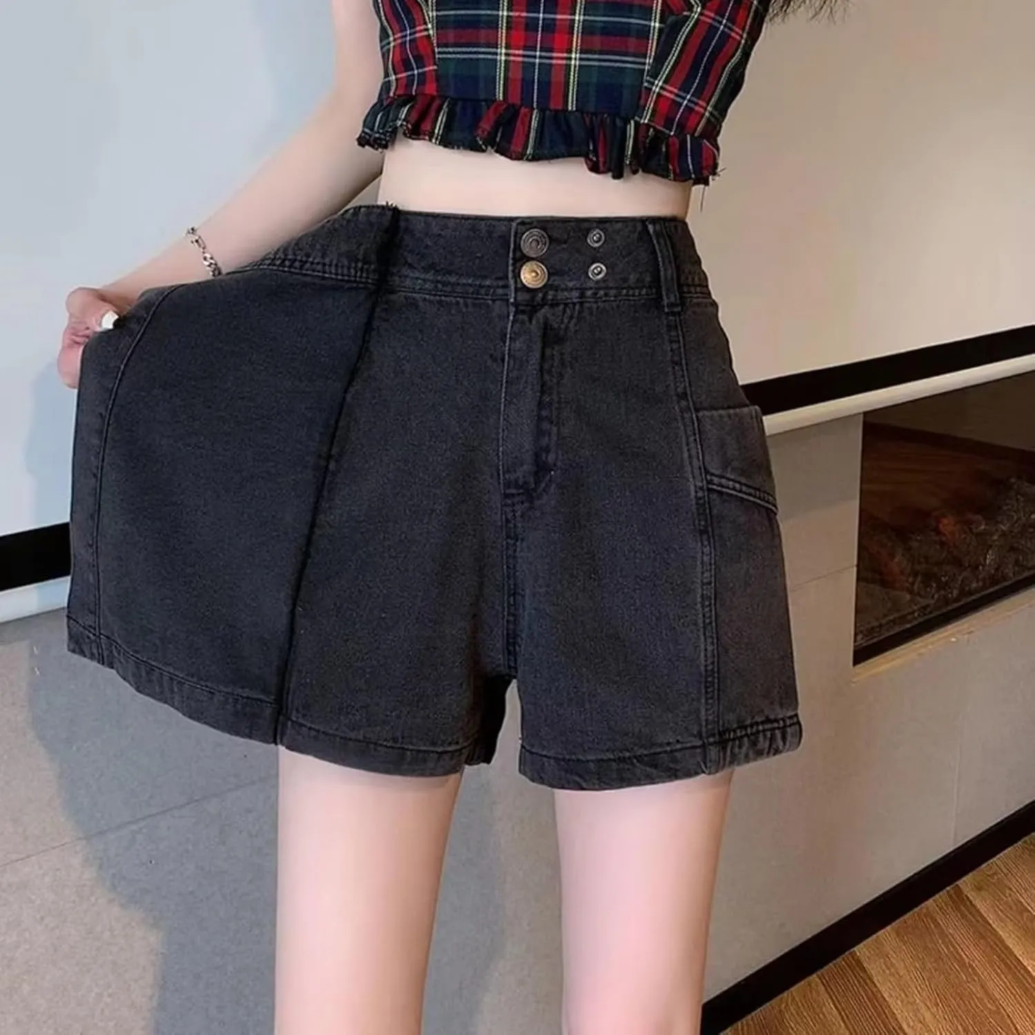 Jean Shorts Womens Trendy High Waisted Aline Button Denim Skort Skirt Casual Loose Fit Shorts with Pockets