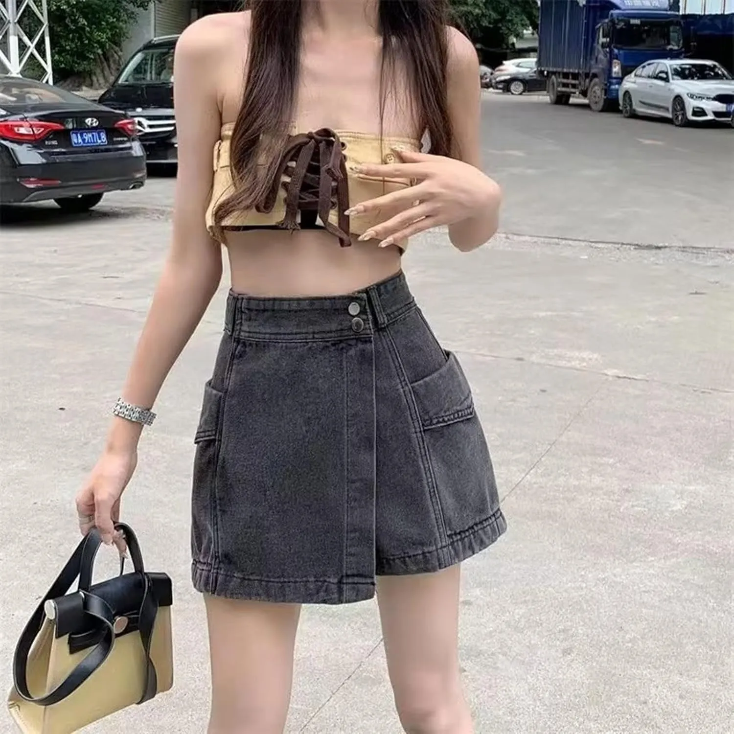 Jean Shorts Womens Trendy High Waisted Aline Button Denim Skort Skirt Casual Loose Fit Shorts with Pockets