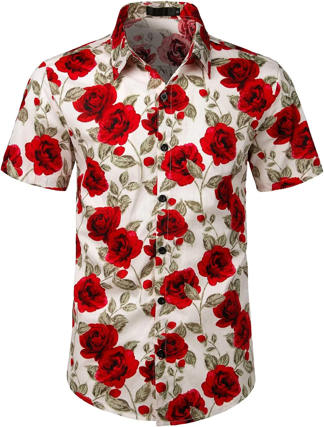 JOGAL Men's Flower Cotton Button Down Short Sleeve Hawaiian Shirt