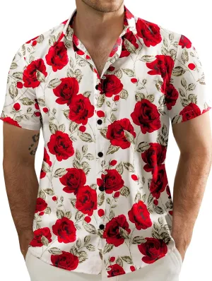 JOGAL Men's Flower Cotton Button Down Short Sleeve Hawaiian Shirt
