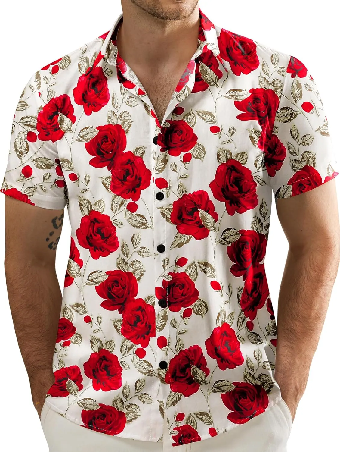 JOGAL Men's Flower Cotton Button Down Short Sleeve Hawaiian Shirt