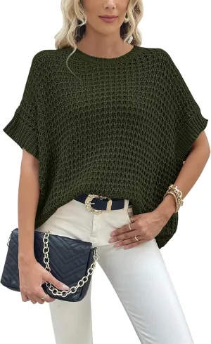 Jumppmile Women's Short Sleeve Waffle Knit Batwing Sleeve Sweater Pullover Sleeveless Oversized Sweater