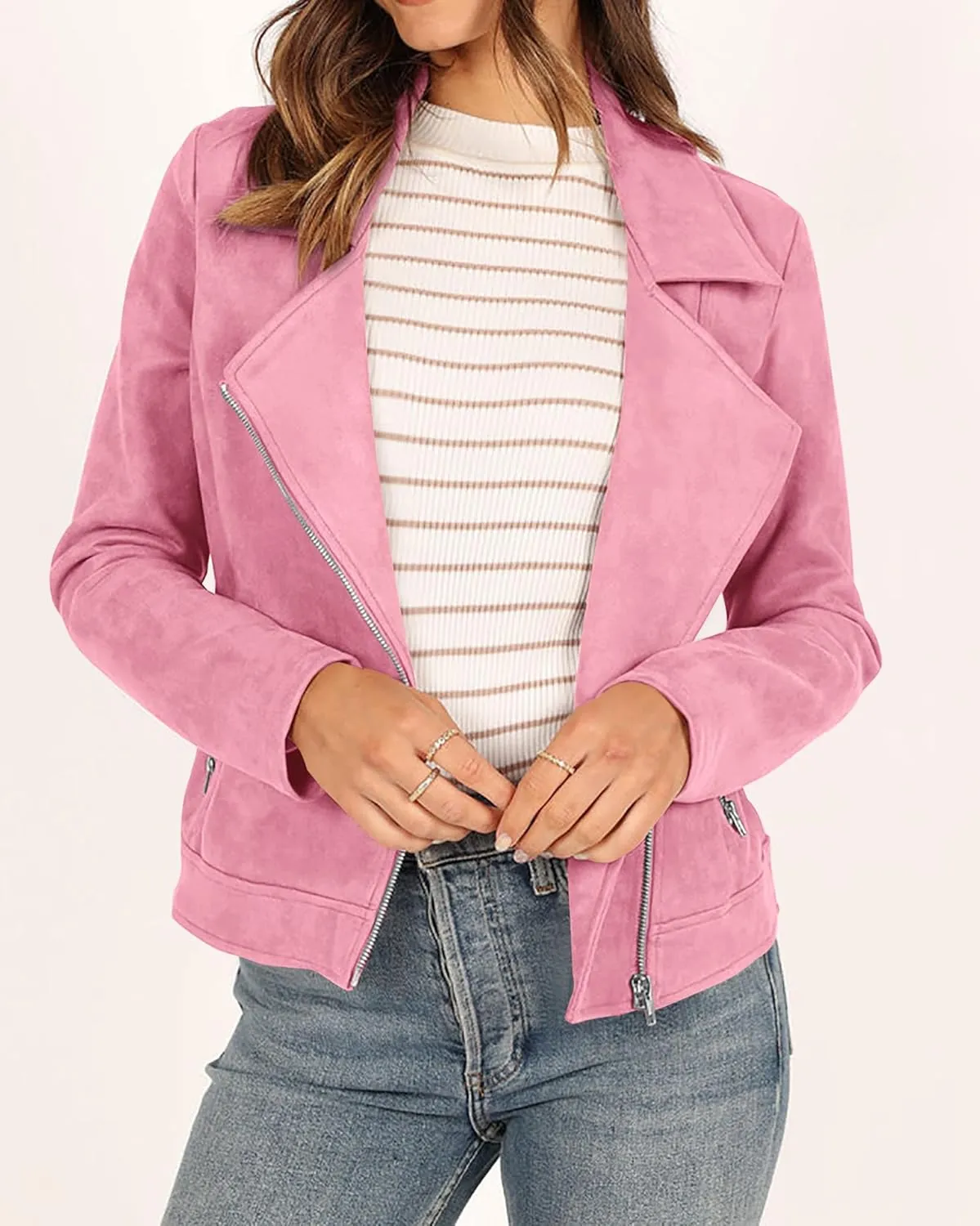 KIRUNDO Womens Faux Suede Jacket 2024 Fall Winter Clothes Casual Zipper Cropped Coat Bomber Biker Moto Jackets Outwear