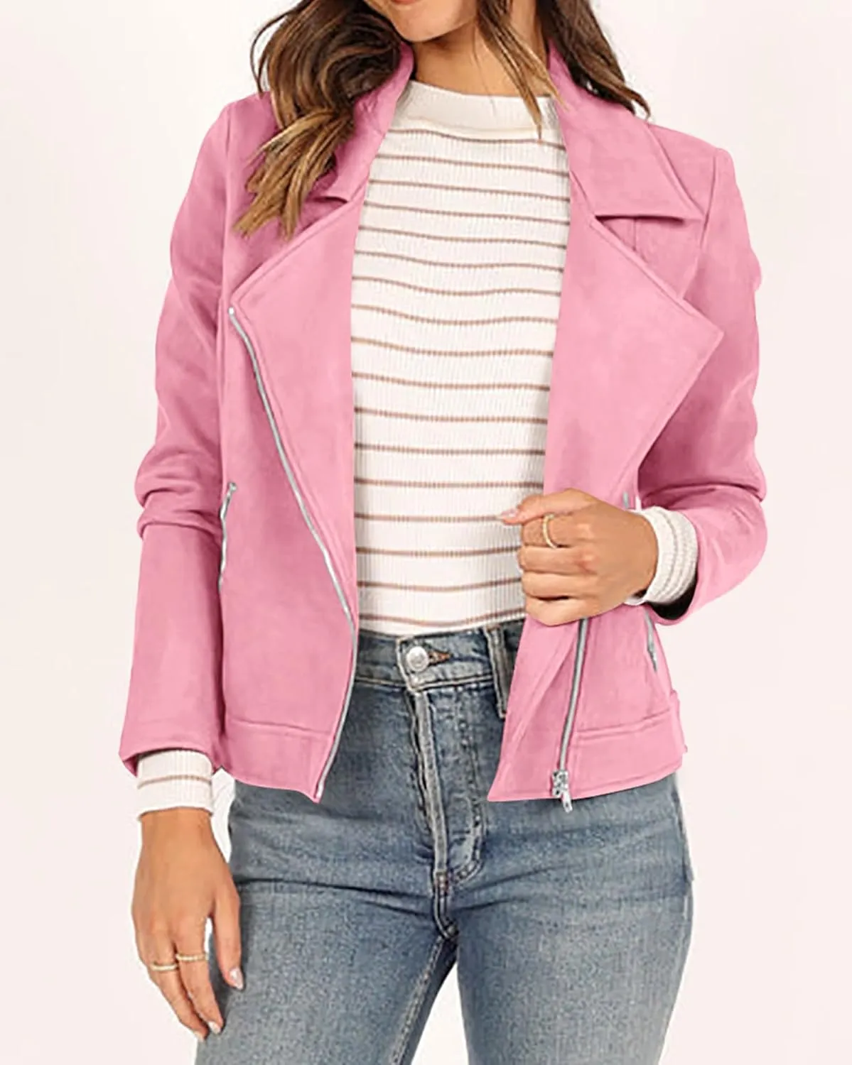KIRUNDO Womens Faux Suede Jacket 2024 Fall Winter Clothes Casual Zipper Cropped Coat Bomber Biker Moto Jackets Outwear