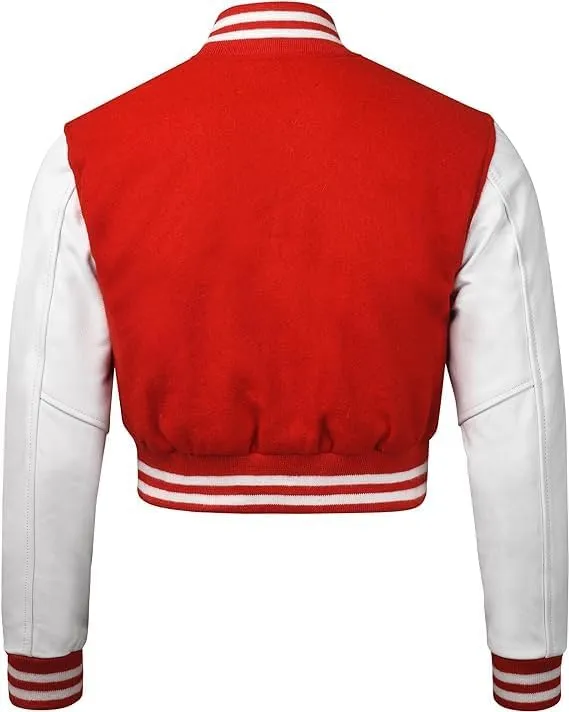 Letterman Premium Cropped Varsity Jacket, Leather and Wool, Baseball Style, Women's Long Sleeve