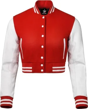 Letterman Premium Cropped Varsity Jacket, Leather and Wool, Baseball Style, Women's Long Sleeve