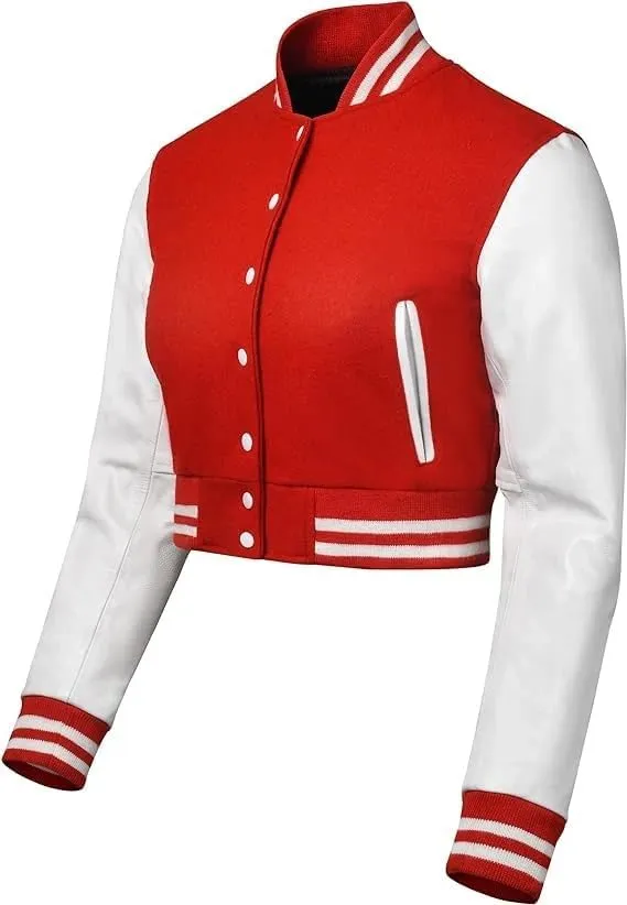 Letterman Premium Cropped Varsity Jacket, Leather and Wool, Baseball Style, Women's Long Sleeve