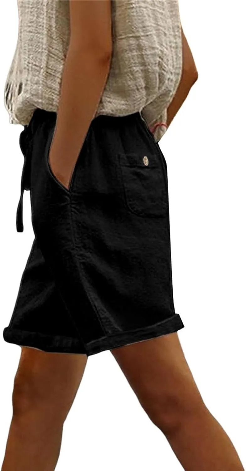Linen Shorts for Women Plus Size Casual Loose Elastic Drawstring Summer Beach Bermuda Shorts with Pocket