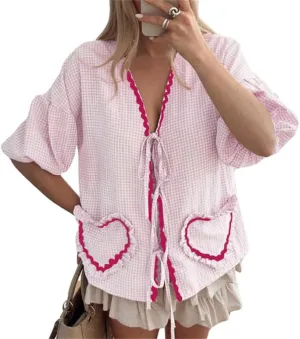 Love Heart Embroidery Peplum Blouse for Women Short Puff Sleeve Tie Front Shirt Y2k Girls Cute Babydoll Blouse