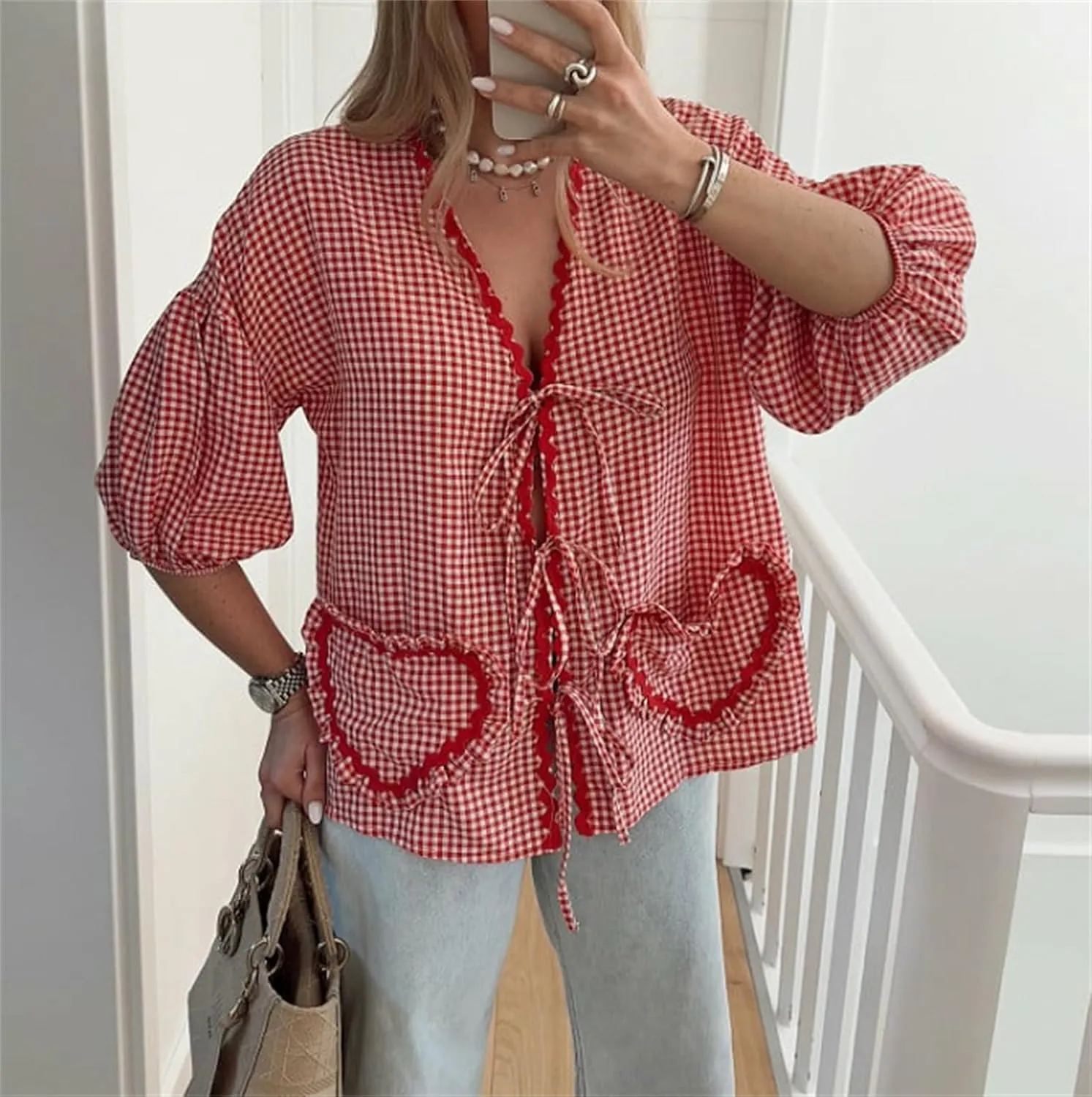 Love Heart Embroidery Peplum Blouse for Women Short Puff Sleeve Tie Front Shirt Y2k Girls Cute Babydoll Blouse