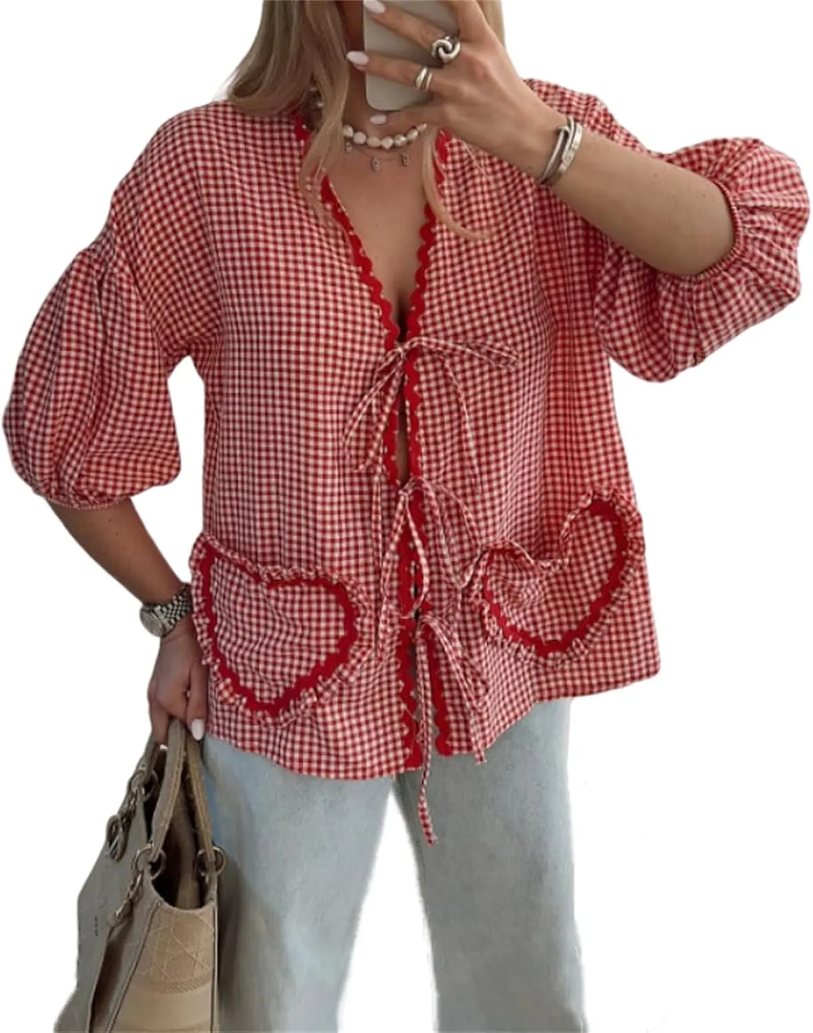 Love Heart Embroidery Peplum Blouse for Women Short Puff Sleeve Tie Front Shirt Y2k Girls Cute Babydoll Blouse