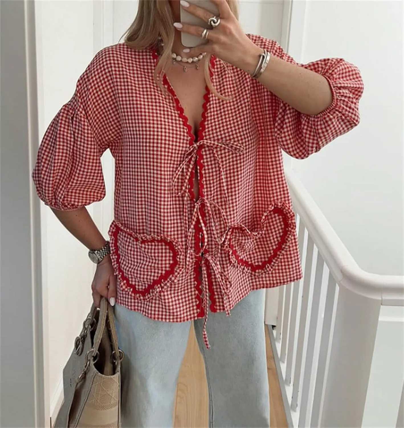 Love Heart Embroidery Peplum Blouse for Women Short Puff Sleeve Tie Front Shirt Y2k Girls Cute Babydoll Blouse