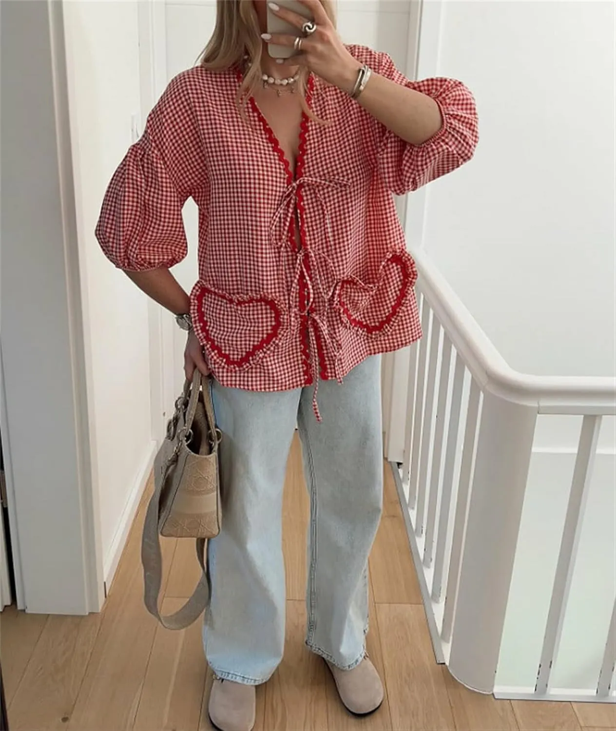 Love Heart Embroidery Peplum Blouse for Women Short Puff Sleeve Tie Front Shirt Y2k Girls Cute Babydoll Blouse