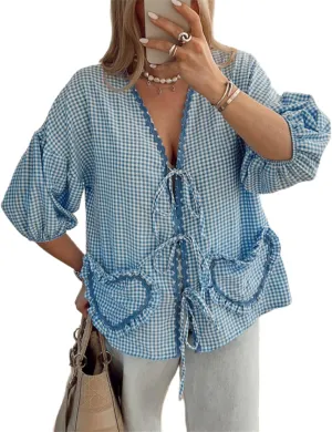 Love Heart Embroidery Peplum Blouse for Women Short Puff Sleeve Tie Front Shirt Y2k Girls Cute Babydoll Blouse