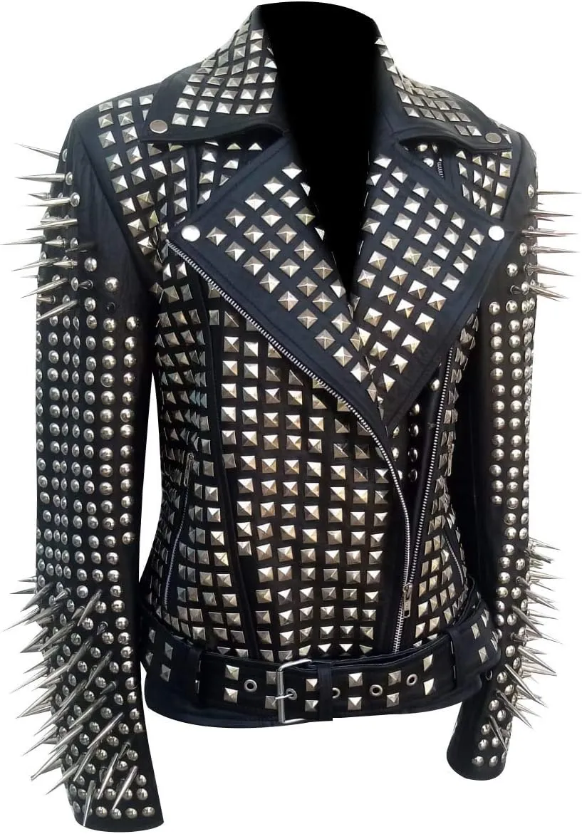 LP-FACON Womens Studded Rock Punk Spikes Motorcycle Metallic Brando Biker Leather Jacket
