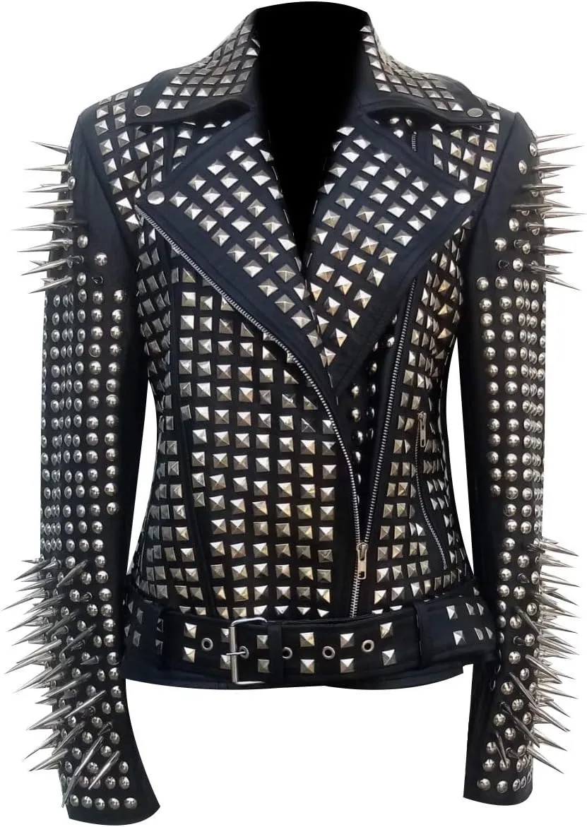LP-FACON Womens Studded Rock Punk Spikes Motorcycle Metallic Brando Biker Leather Jacket