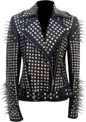 LP-FACON Womens Studded Rock Punk Spikes Motorcycle Metallic Brando Biker Leather Jacket