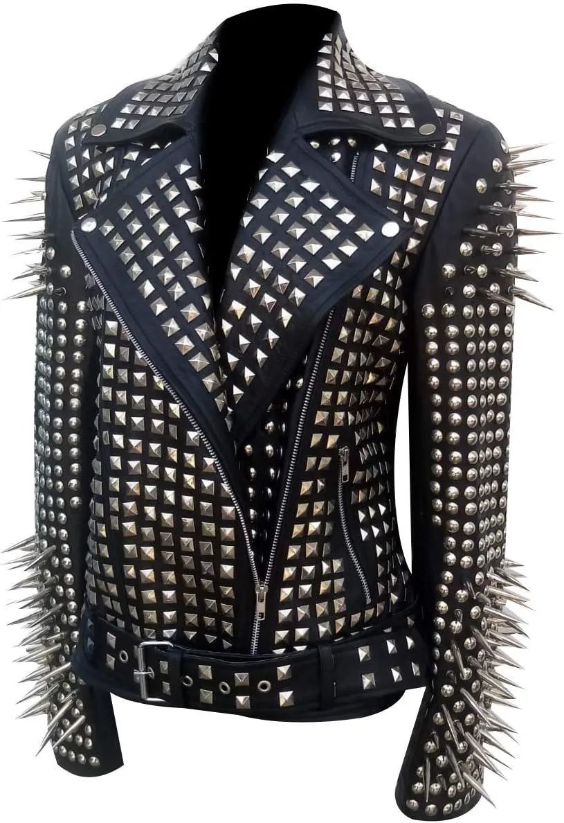 LP-FACON Womens Studded Rock Punk Spikes Motorcycle Metallic Brando Biker Leather Jacket