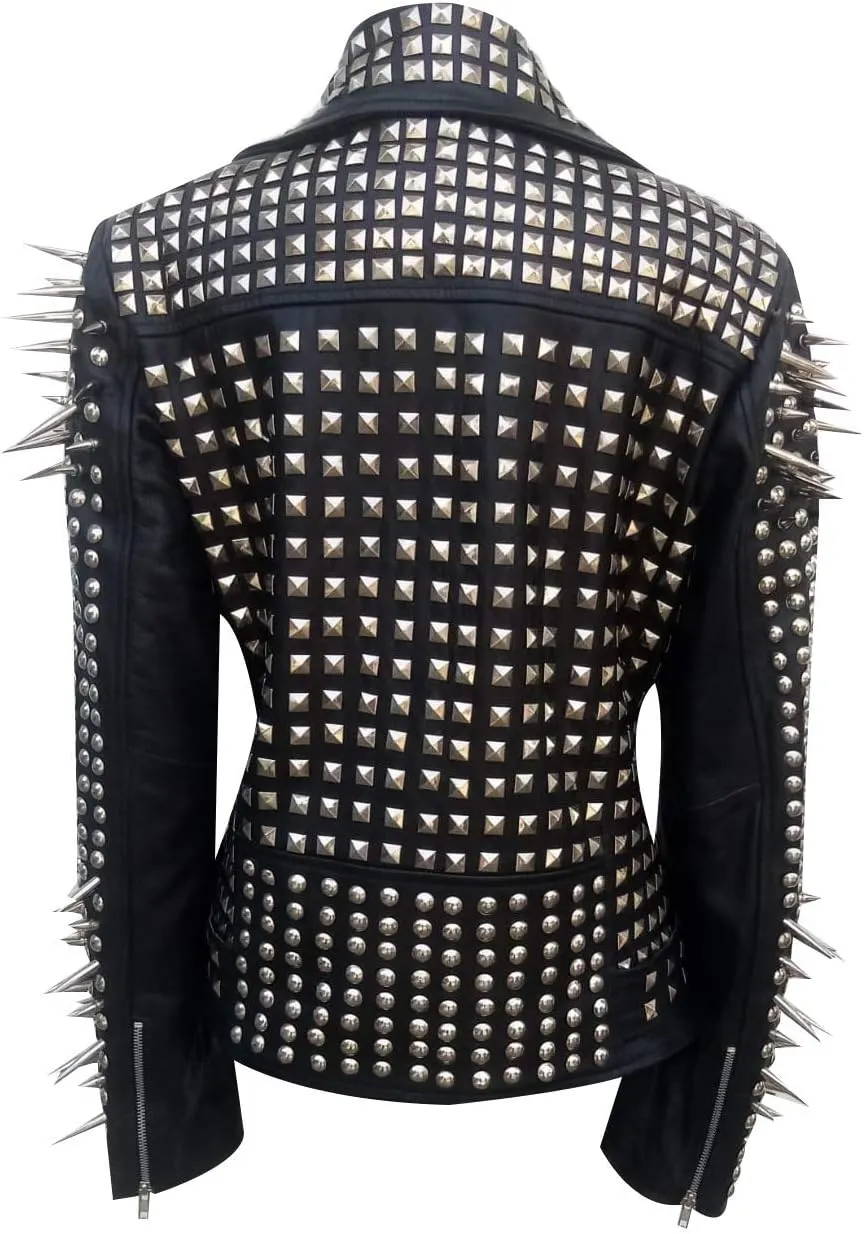 LP-FACON Womens Studded Rock Punk Spikes Motorcycle Metallic Brando Biker Leather Jacket