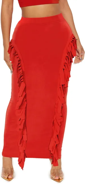 Lrady Womens Fringe Pencil Skirt Side Tassel Slim Elastic High Waist Elegant Party Club Bodycon Maxi Long Skirts