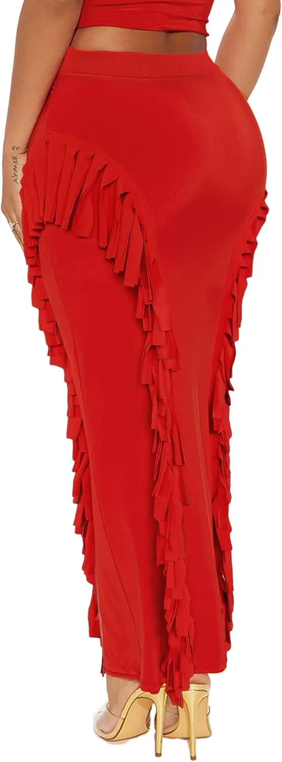 Lrady Womens Fringe Pencil Skirt Side Tassel Slim Elastic High Waist Elegant Party Club Bodycon Maxi Long Skirts