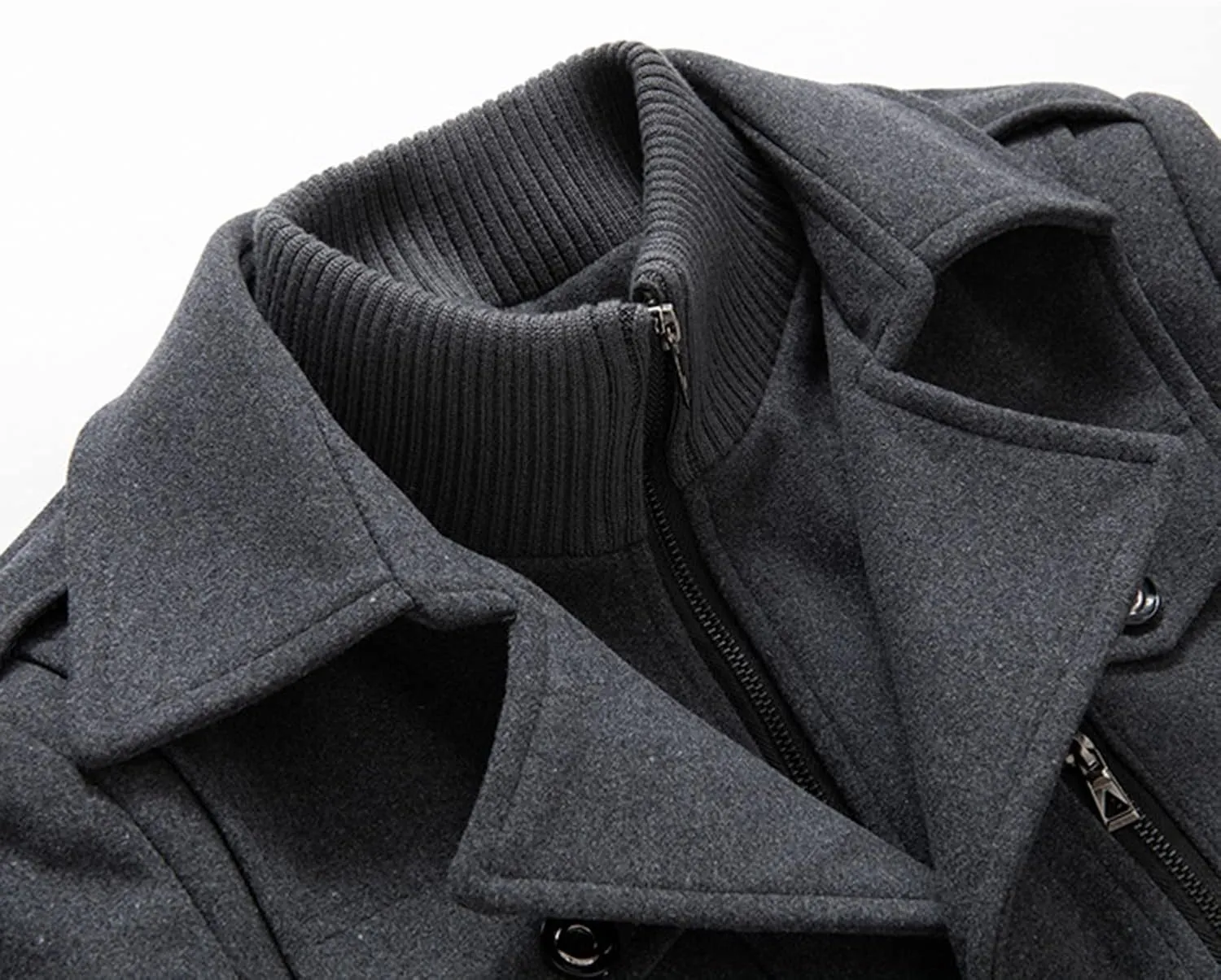 Lu's Chic Men's Winter Business Casual Zip Up Jacket Wool Trench Coat Slim Fit Top Coat Single Breasted Peacoat