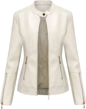 Lu's Chic Women's Fall Leather Jacket Motorcycle Jacket Faux Leather Warm Spring Zip Up Vintage Motorcycle Jacket
