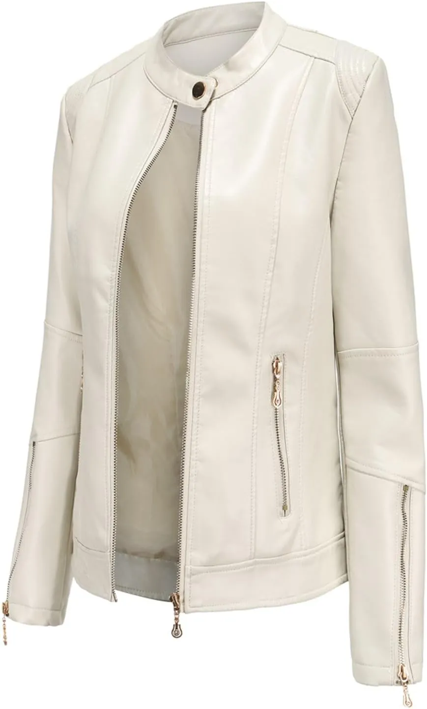 Lu's Chic Women's Fall Leather Jacket Motorcycle Jacket Faux Leather Warm Spring Zip Up Vintage Motorcycle Jacket