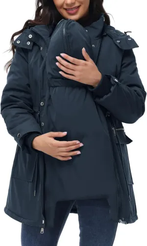 Maacie Maternity 3 in 1 Winter Coat Thicken Quilted Lined Warm Hooded Outwear Long Puffer Down Jacket Parka with Pockets