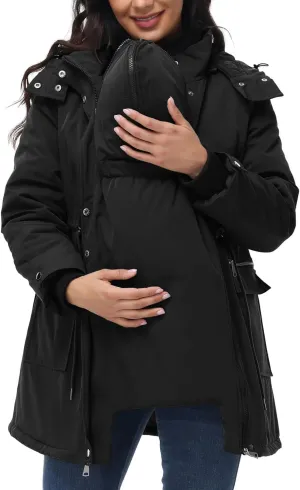 Maacie Maternity 3 in 1 Winter Coat Thicken Quilted Lined Warm Hooded Outwear Long Puffer Down Jacket Parka with Pockets