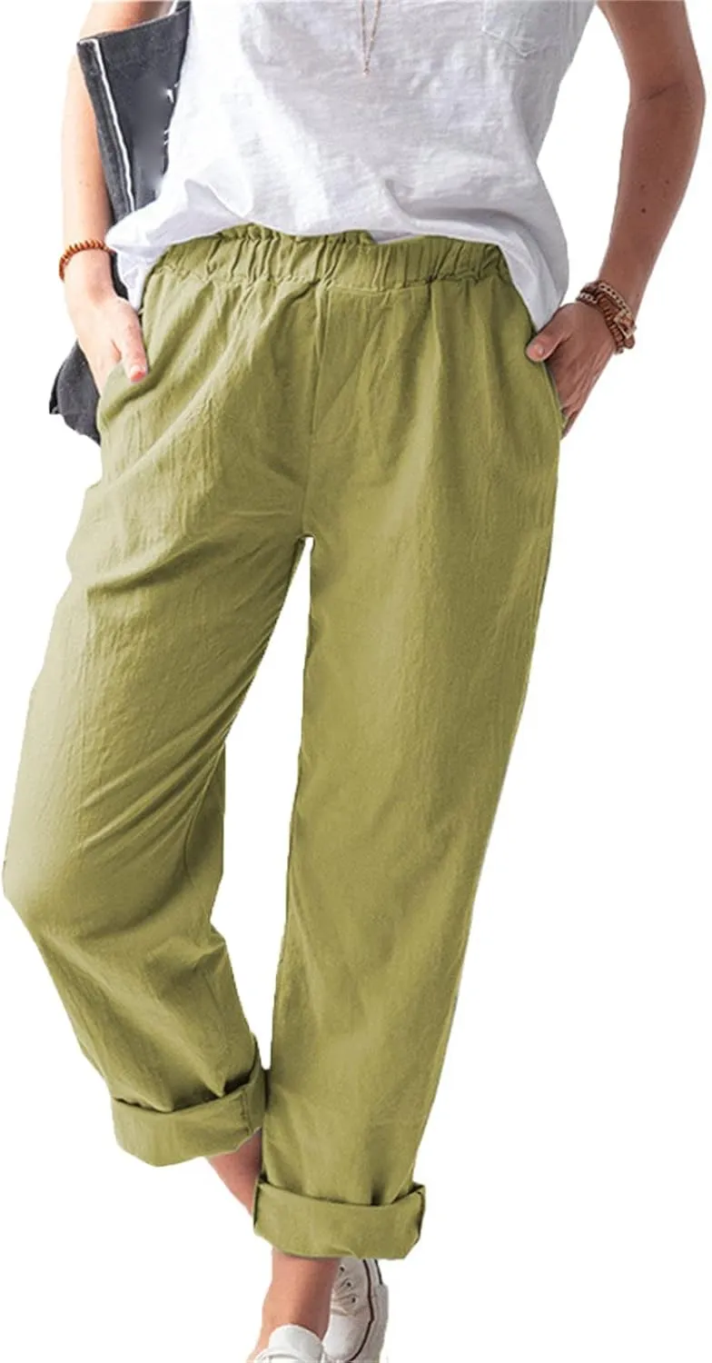 Maiyifu-GJ Women's Casual Linen Pants Straight Leg High Waisted Yoga Trousers Elastic Waist Comfy Drawstring Sweatpants