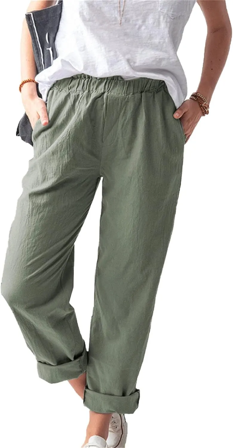 Maiyifu-GJ Women's Casual Linen Pants Straight Leg High Waisted Yoga Trousers Elastic Waist Comfy Drawstring Sweatpants