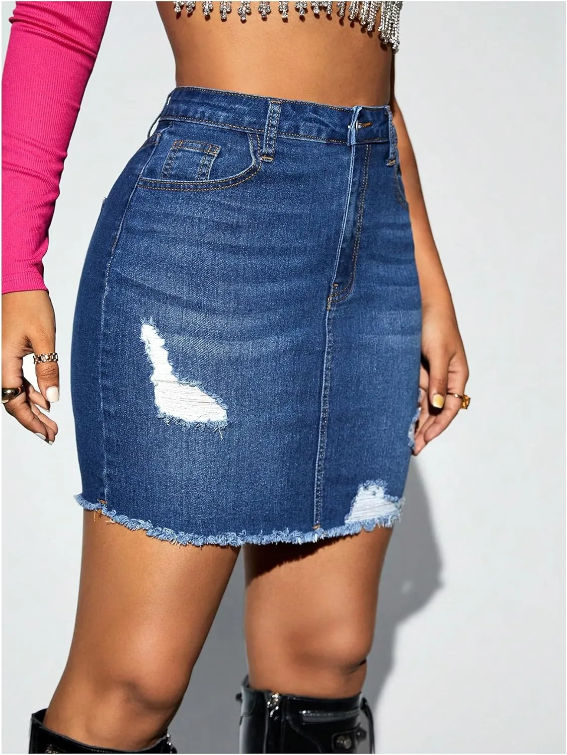 MakeMeChic Women's Casual Ripped Raw Hem Jean Skirt High Waisted Bodycon Denim Skirt