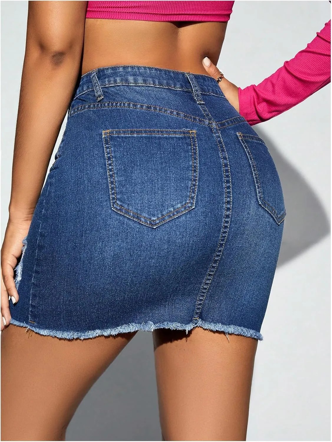 MakeMeChic Women's Casual Ripped Raw Hem Jean Skirt High Waisted Bodycon Denim Skirt
