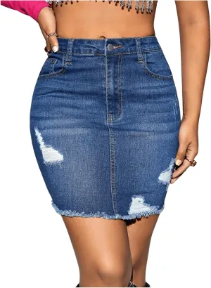 MakeMeChic Women's Casual Ripped Raw Hem Jean Skirt High Waisted Bodycon Denim Skirt