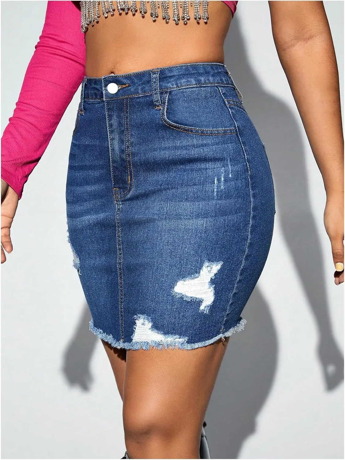MakeMeChic Women's Casual Ripped Raw Hem Jean Skirt High Waisted Bodycon Denim Skirt
