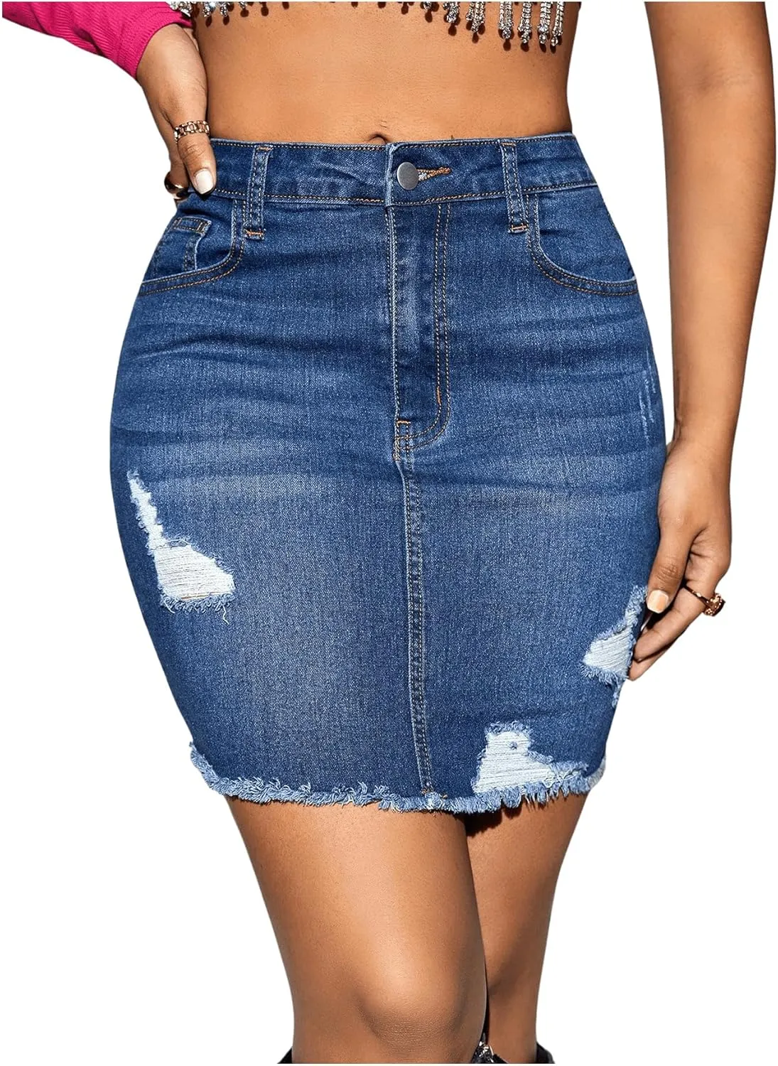 MakeMeChic Women's Casual Ripped Raw Hem Jean Skirt High Waisted Bodycon Denim Skirt
