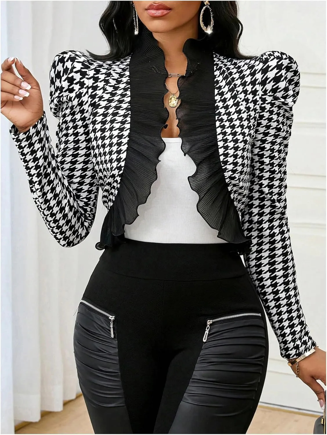 MakeMeChic Women's Houndstooth Print Open Front Blazer Jacket Puff Sleeve Ruffle Trim Cardigan Jackets