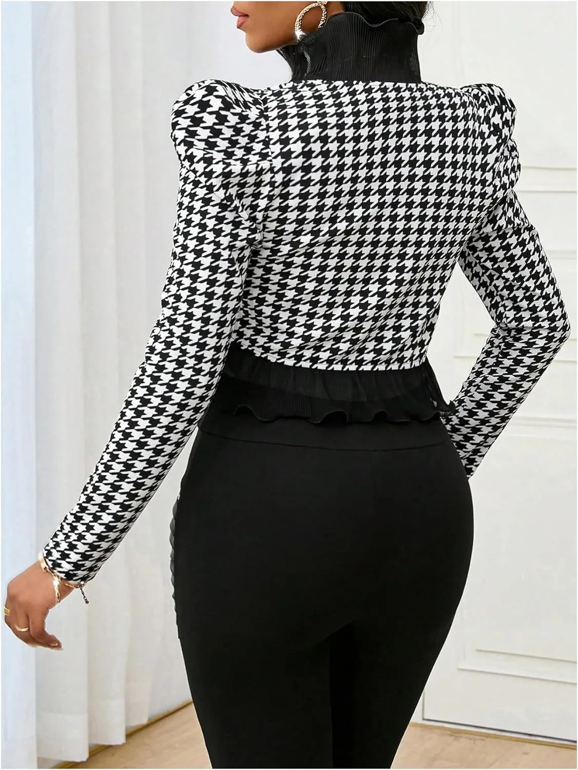 MakeMeChic Women's Houndstooth Print Open Front Blazer Jacket Puff Sleeve Ruffle Trim Cardigan Jackets