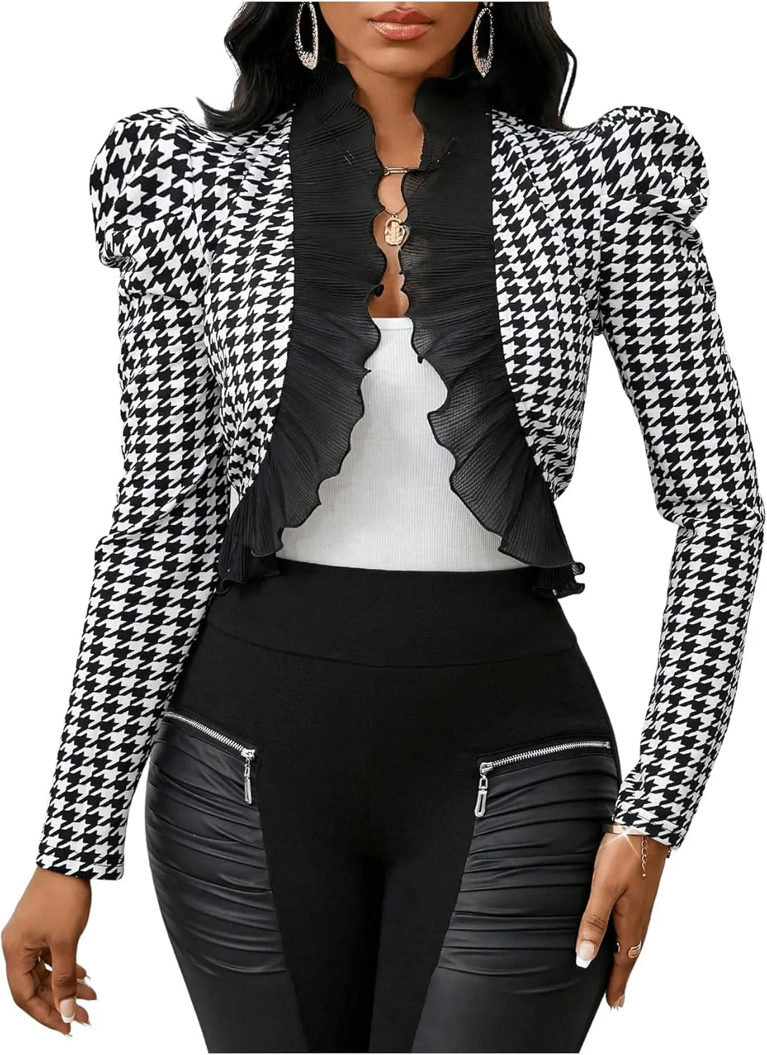 MakeMeChic Women's Houndstooth Print Open Front Blazer Jacket Puff Sleeve Ruffle Trim Cardigan Jackets