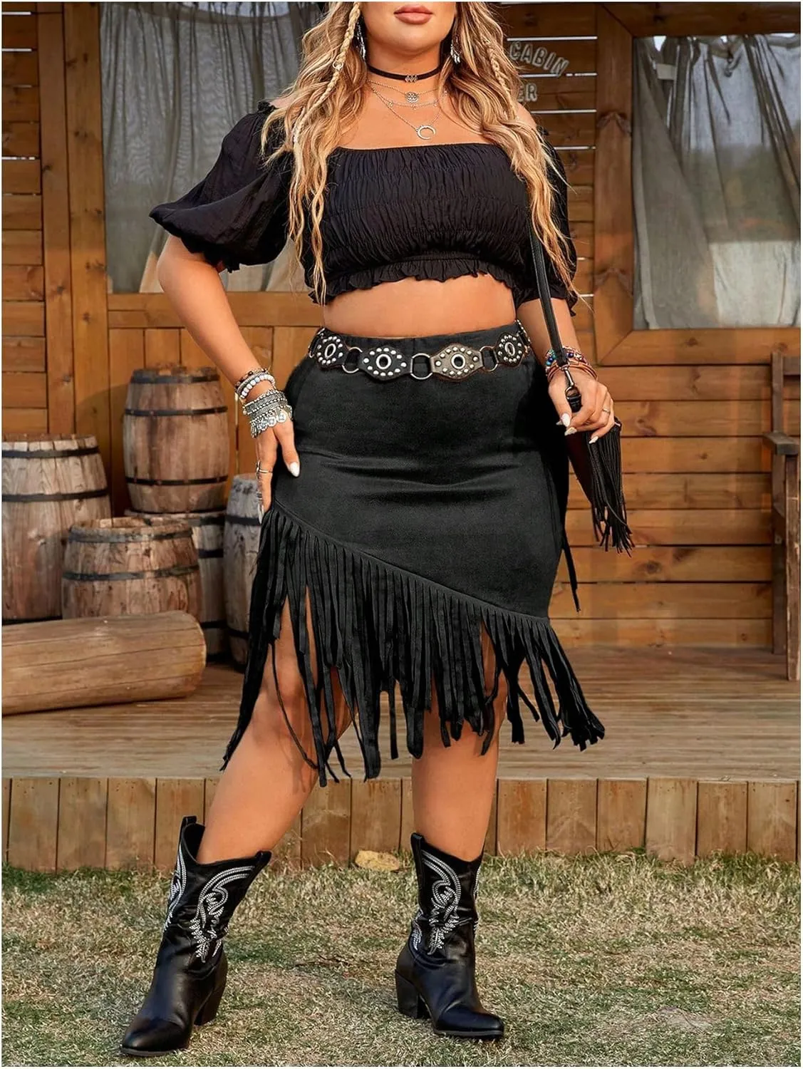 MakeMeChic Women's Plus Size Fringe Skirt Elastic High Waist Tassel Bodycon Short Skirts