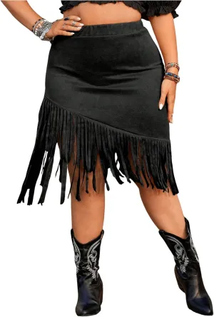 MakeMeChic Women's Plus Size Fringe Skirt Elastic High Waist Tassel Bodycon Short Skirts