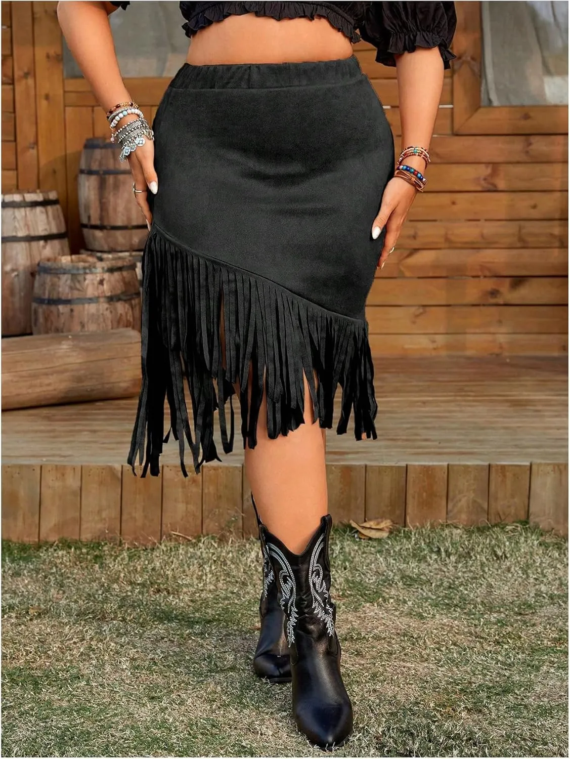 MakeMeChic Women's Plus Size Fringe Skirt Elastic High Waist Tassel Bodycon Short Skirts