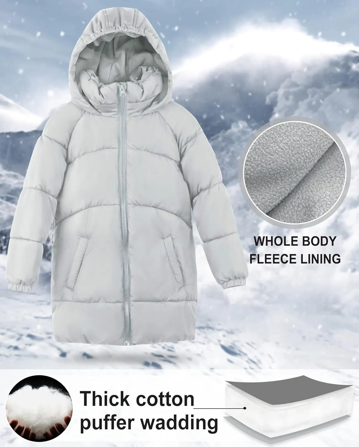 maoo garden Girls Winter Long Puffer Lightweight Coat Thick Padded Soft Fleece Jacket with Hood
